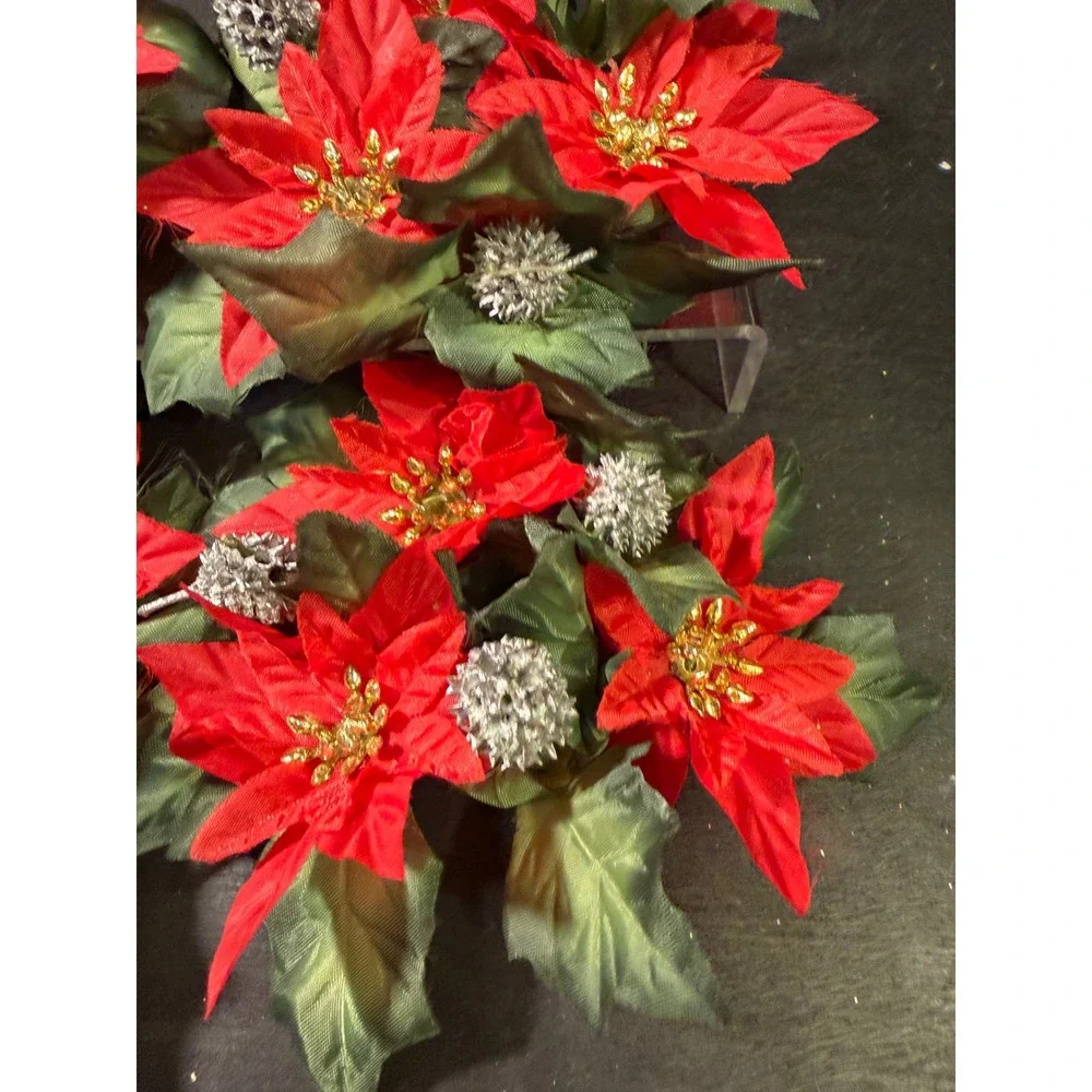 Vintage Christmas Poinsettia Candle Rings Red Silk Floral Silver Pinecones Set 4